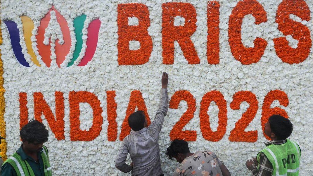 Xi Jinping heads to Delhi for BRICS Summit, first India visit in seven years Workers add flowers to a BRICS India 2026 decoration at Bharat Mandapam in New Delhi. Photo: Reuters, via The Hindu