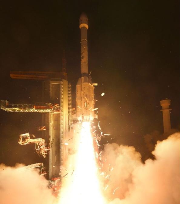 GSLV-F17 lifts off with EOS-05 from Sriharikota. Photo: X/@ISRO, via The Hindu
